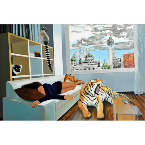 Mixed media artwork with animals and girl in an apartment with Berlin view.