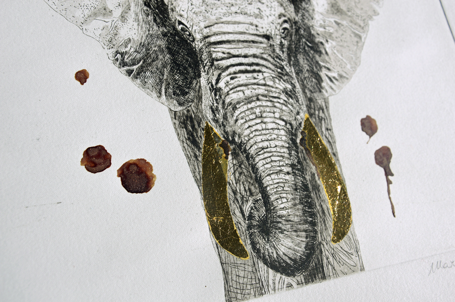 Elephant, engraving with gold leaf