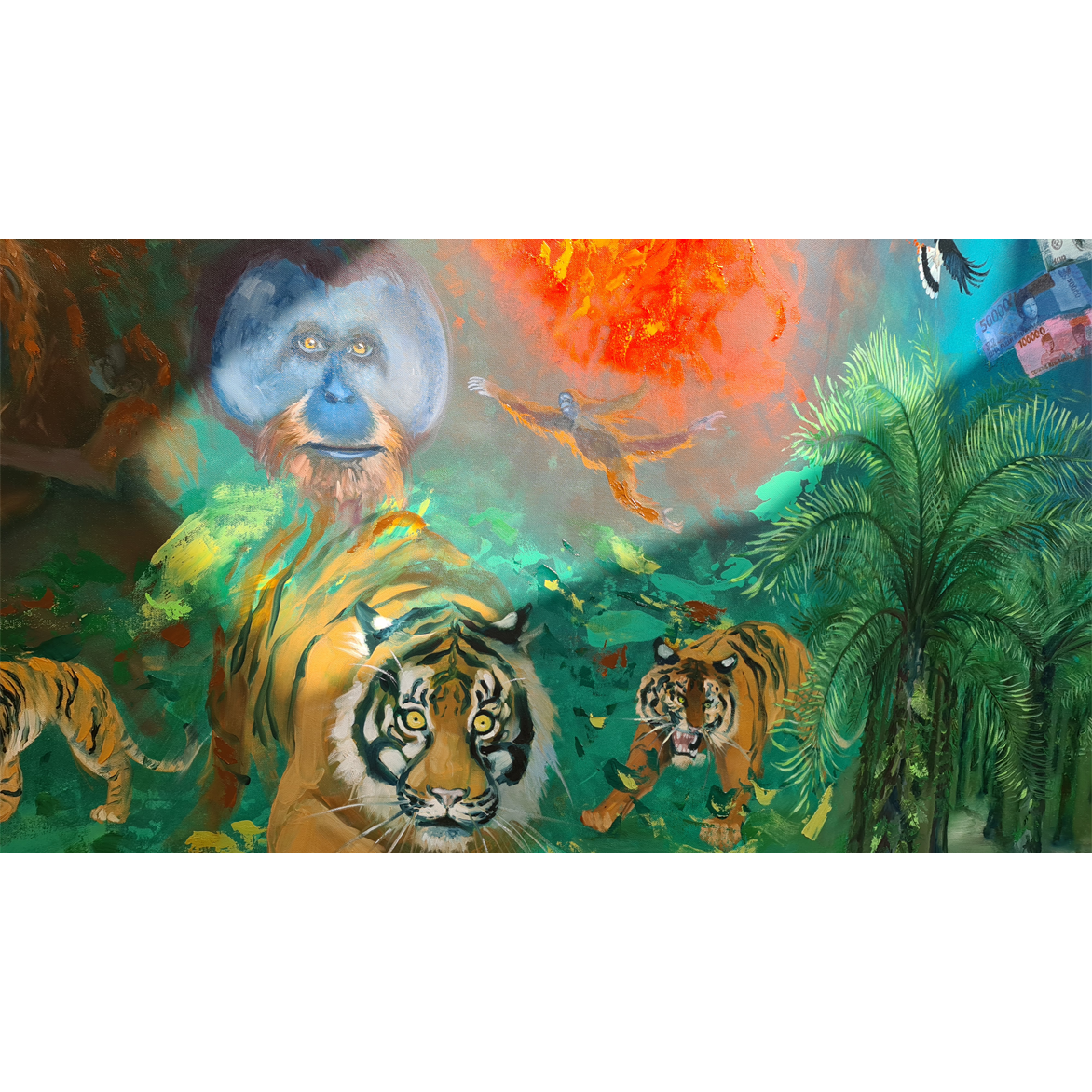 oil painting, wildlife art, tigers and orangutans