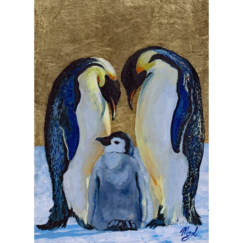 A family of penguins represented as the Holy Family
