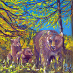 Painting representing a family of bears in the woods