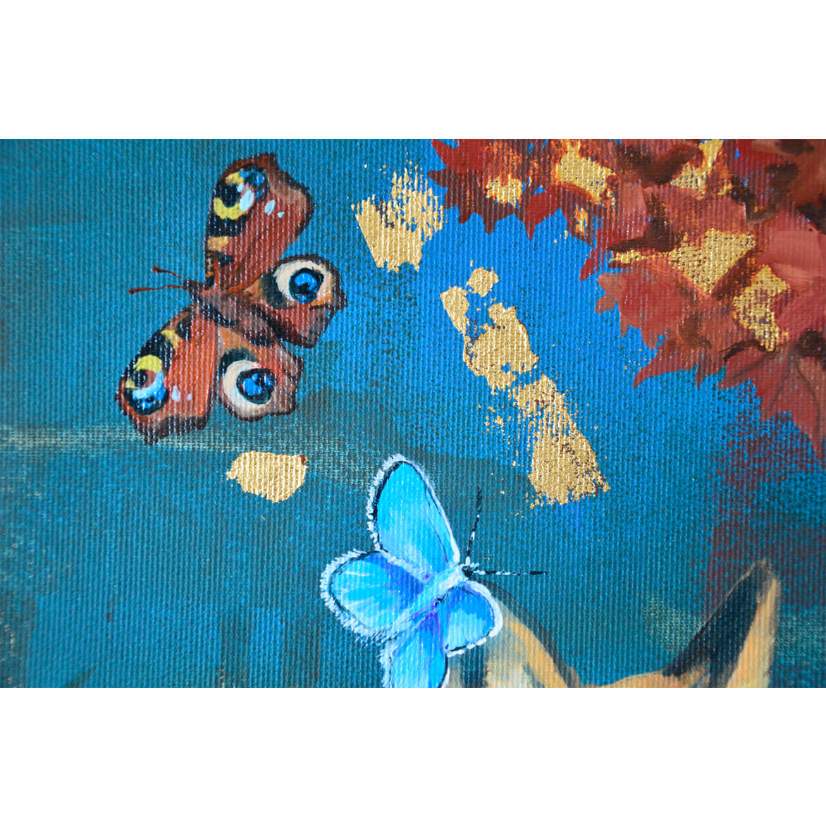 Portion of a painting with butterflies and gold leaf details.