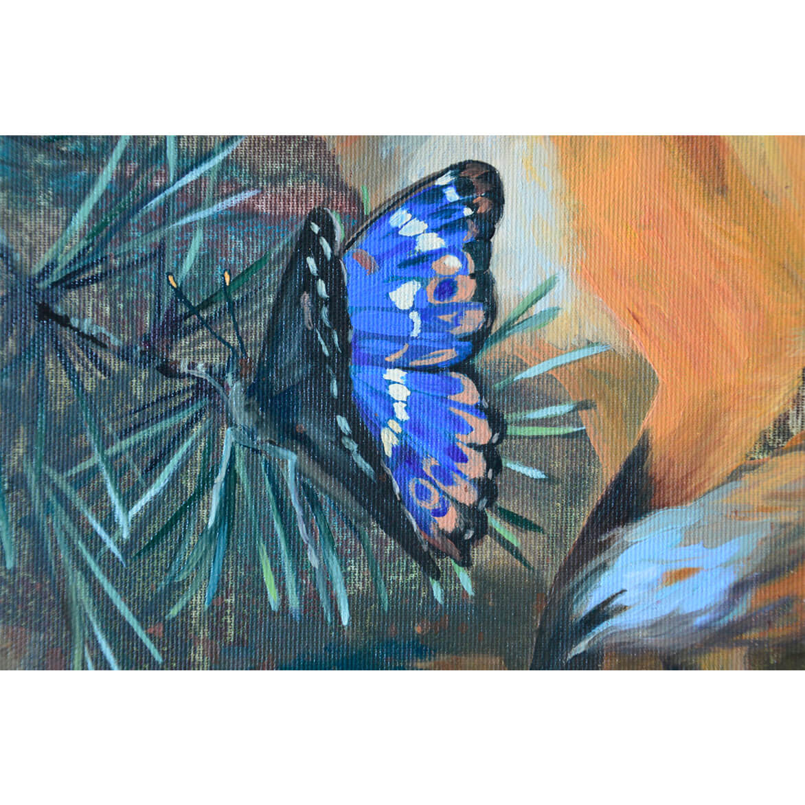 Detail of an oil painting representing a purple emperor buttefly.