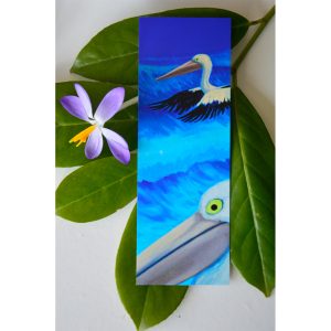 Wildlife painting bookmark with pelicans.