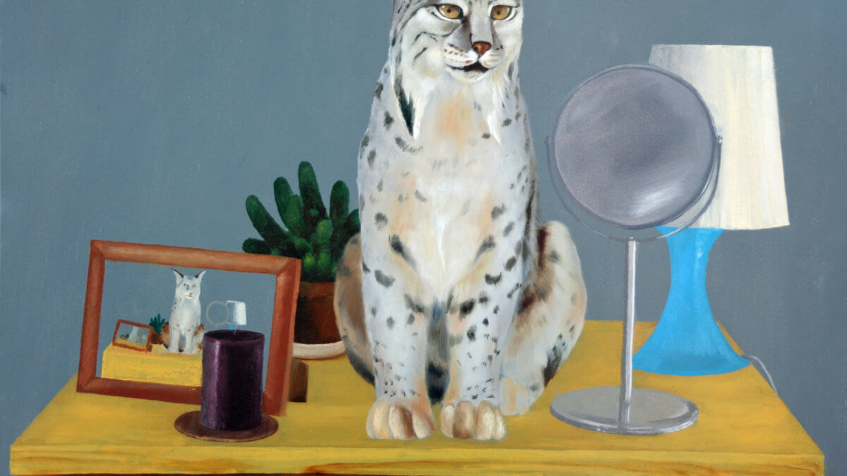Lynx on the dresser, oil painting.