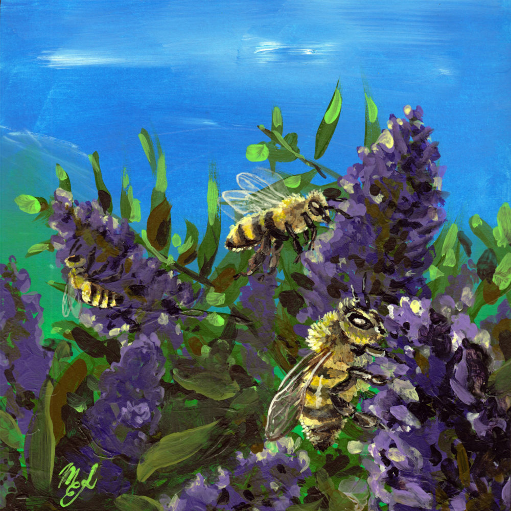 Acrylic painting of honeybees and flowers