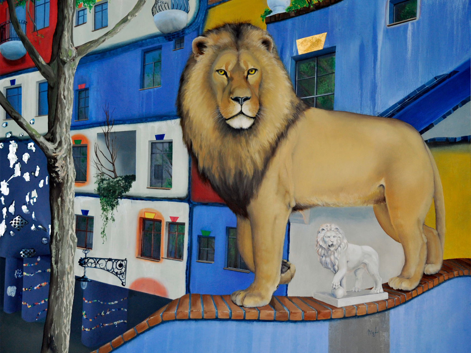 Painting of lion with background of Vienna