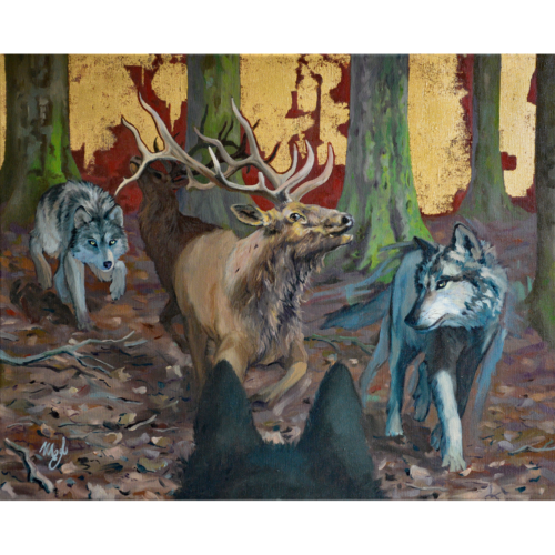 wolves pack hunting, oil painting