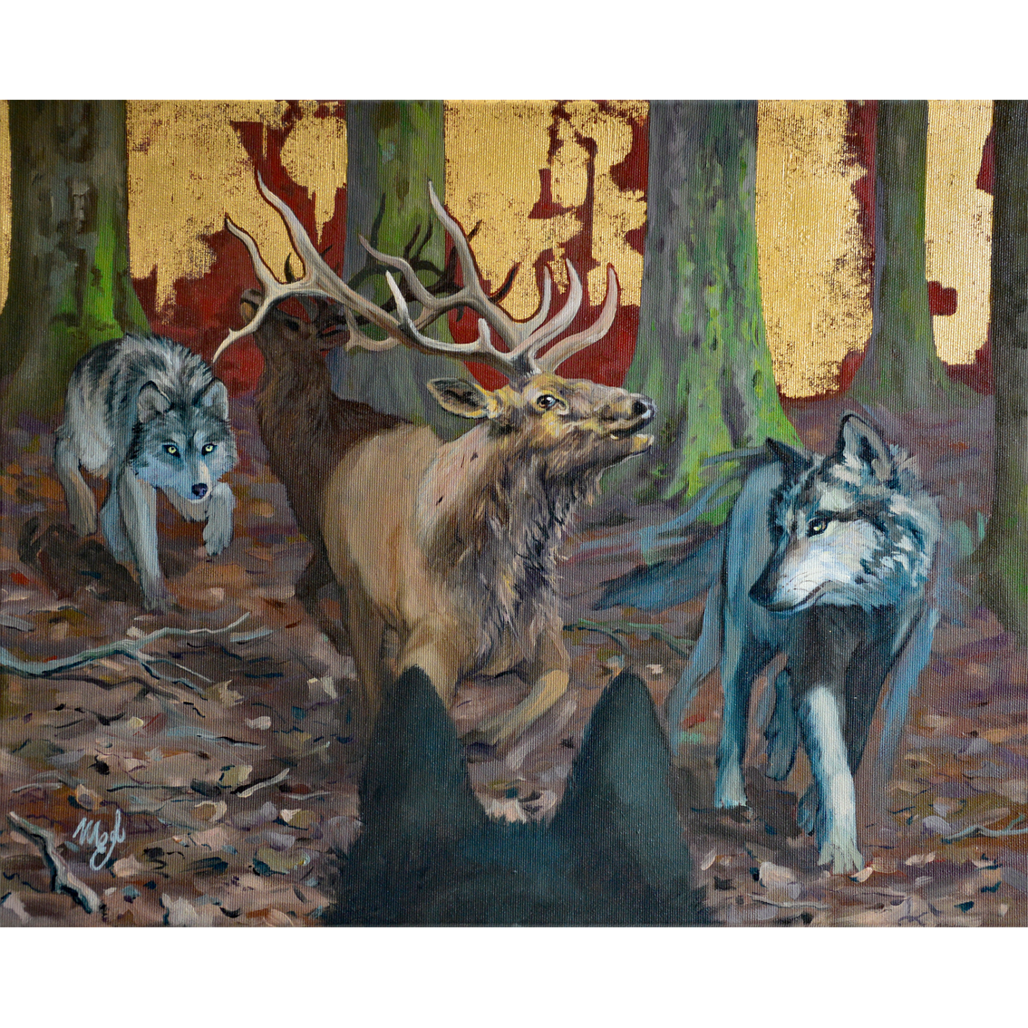 wolves pack hunting, oil painting
