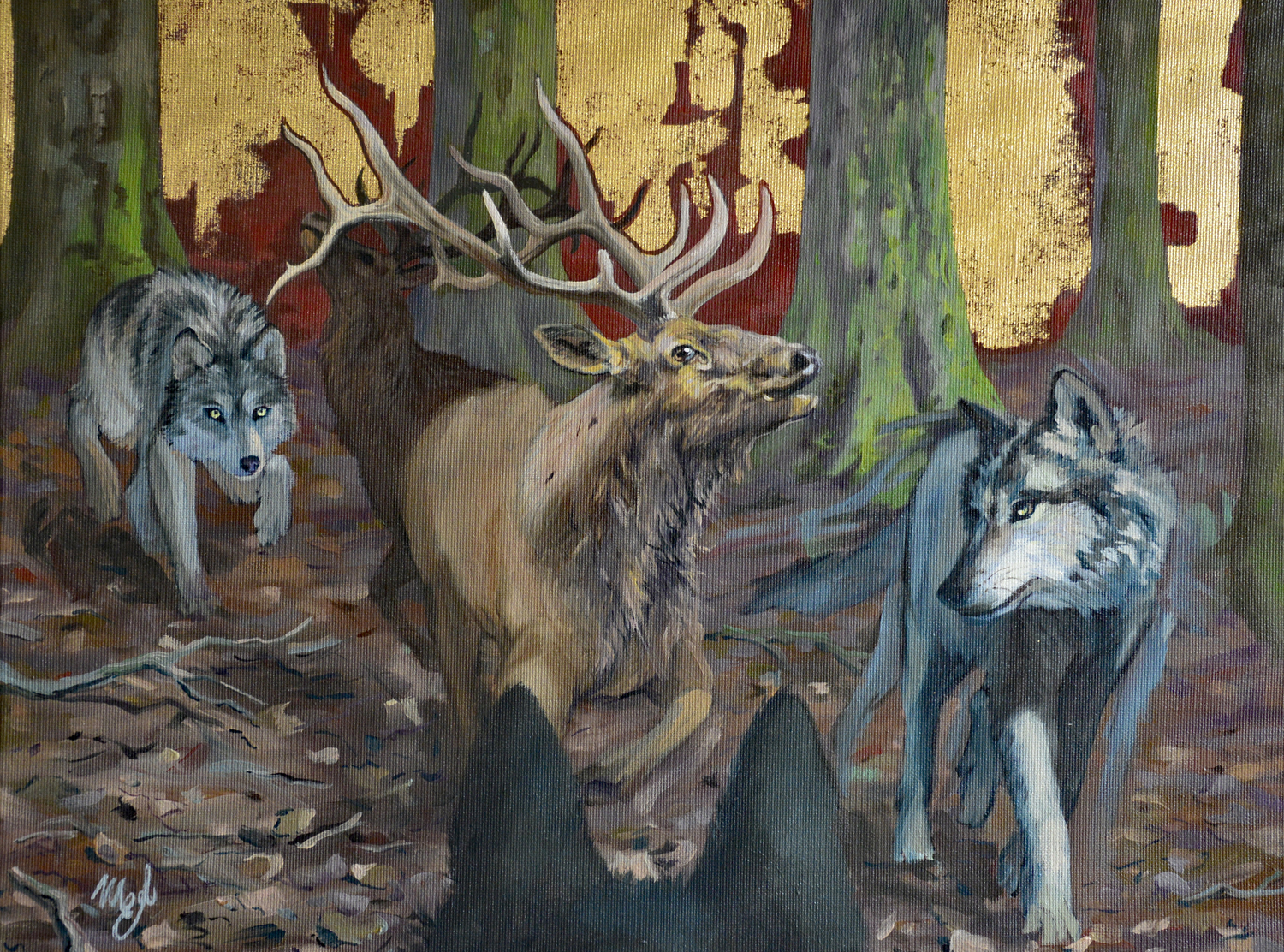 featured painting, wolves hunting