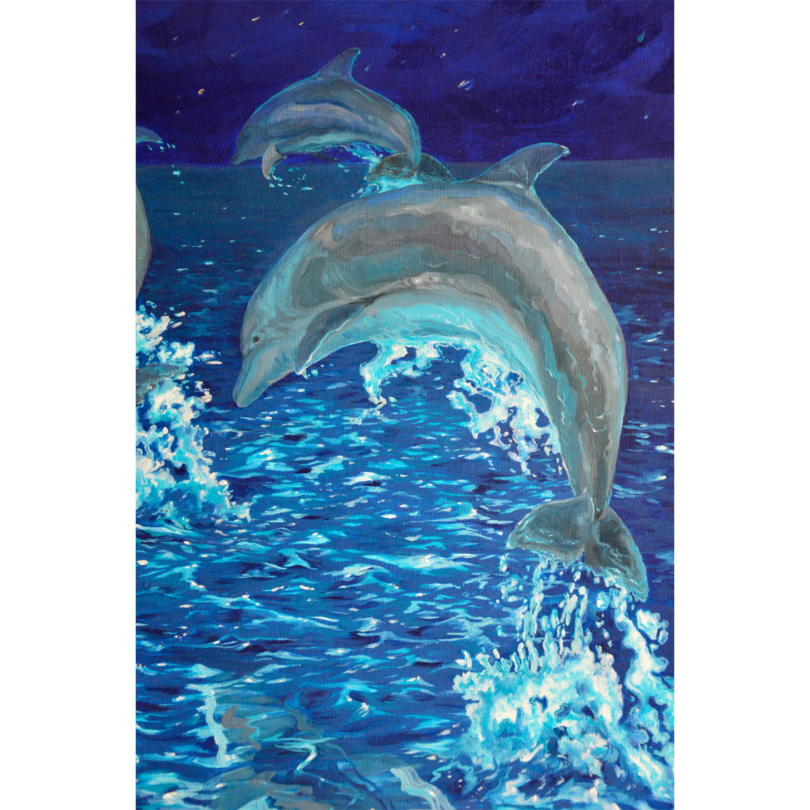 Jumping dolphin in bioluminescent water