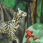 Ocelot and dart frog, oil on canvas.