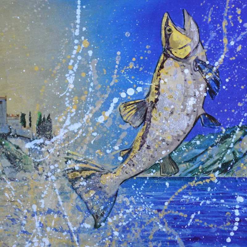 Leaping trout, print on wood.